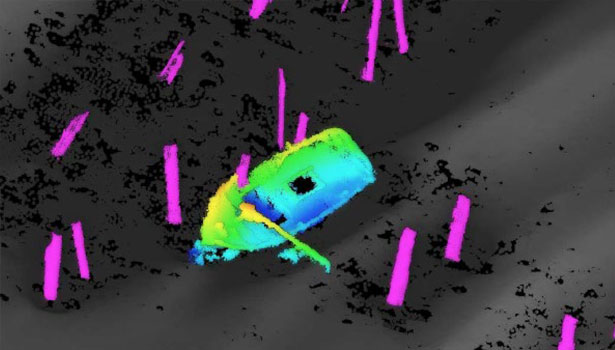 Underwater scan showing location of wrecked boat underwater leaning against the pier
